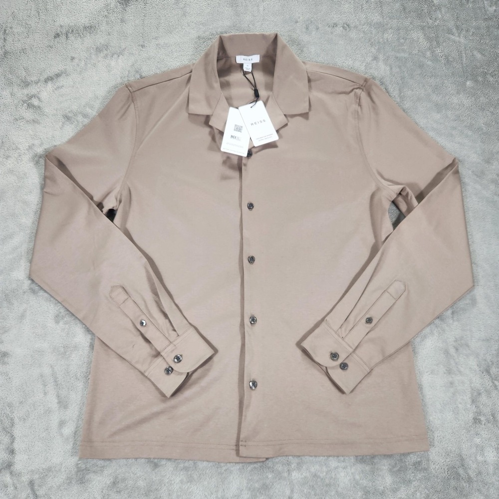 Reiss Shirt Mens Medium Beige Spence Mercerised Cuba Long Sleeve Button Up